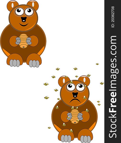 Happy and scared brown bear with bees and honey illustration. Happy and scared brown bear with bees and honey illustration