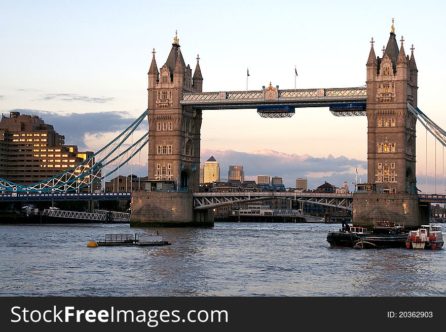 The old Tower bridge over the thames at sunset in the city of London. The old Tower bridge over the thames at sunset in the city of London