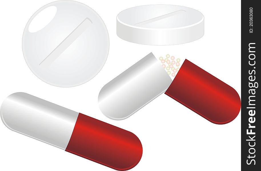 Set of pills isolated on the white. Illustration