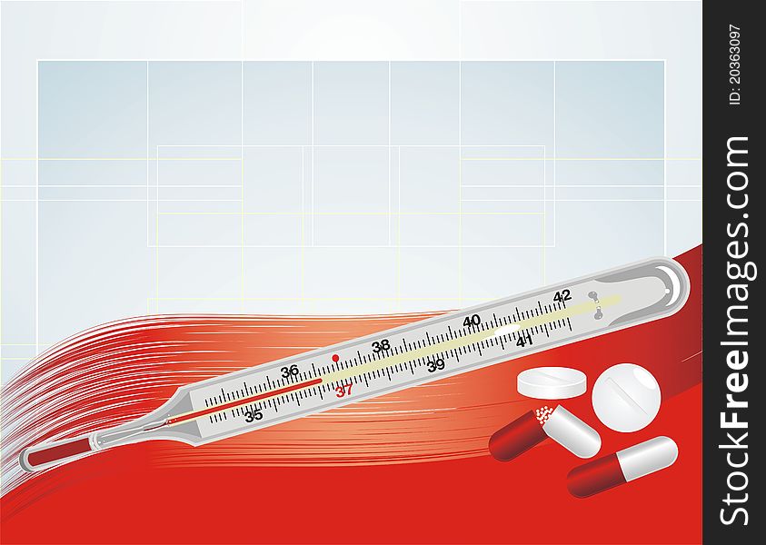 Thermometer and pills on the abstract background. Illustration