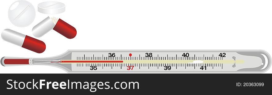 Thermometer and pills isolated on the white. Illustration