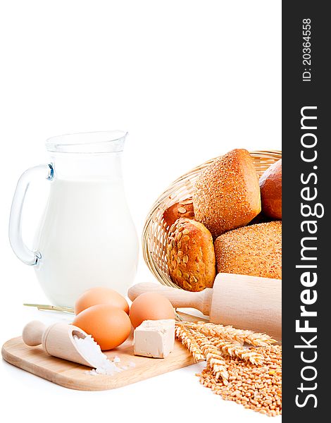 Ingredients for homemade bread, isolated on a white background