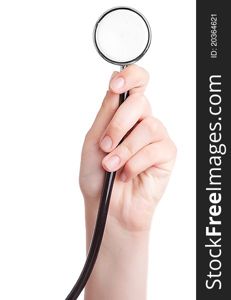 Female hand with stethoscope, with room for text. isolated on a white background