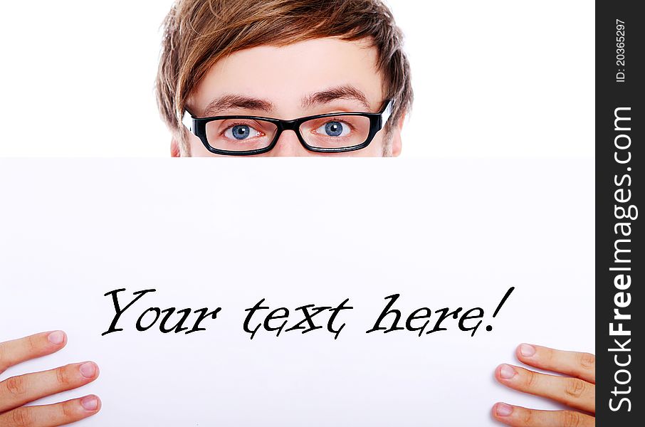 Young in glasses holding blank board for your text. Young in glasses holding blank board for your text