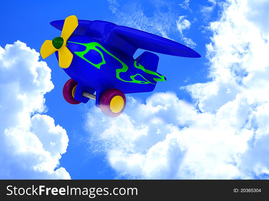 Plane with yellow propeller fly in sky