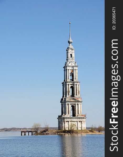 The flooded belltower on river Volga, Kalyazin, Russia