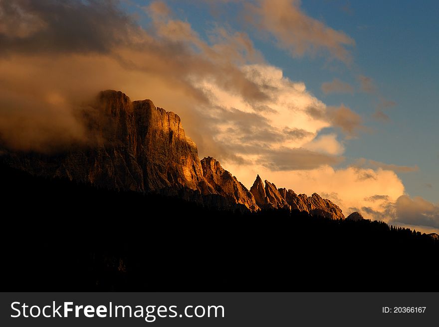 The Civetta Mountain at the sunset