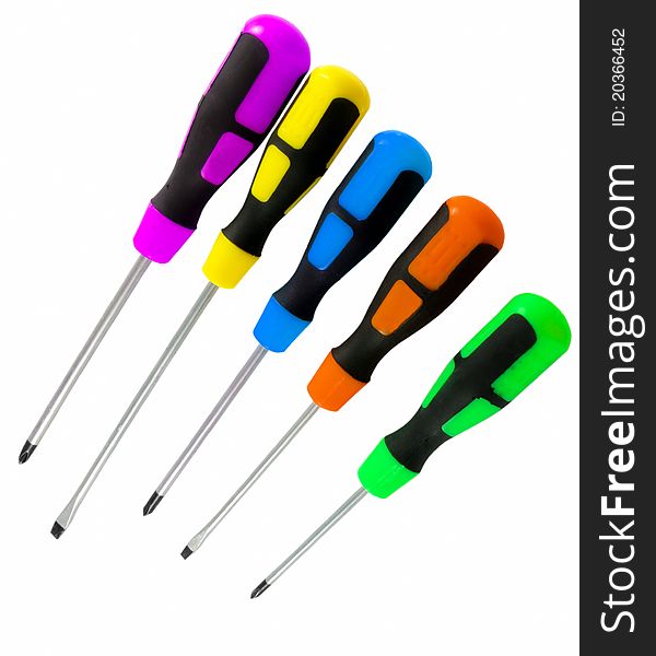 Set of colorful screwdrivers over white. Set of colorful screwdrivers over white