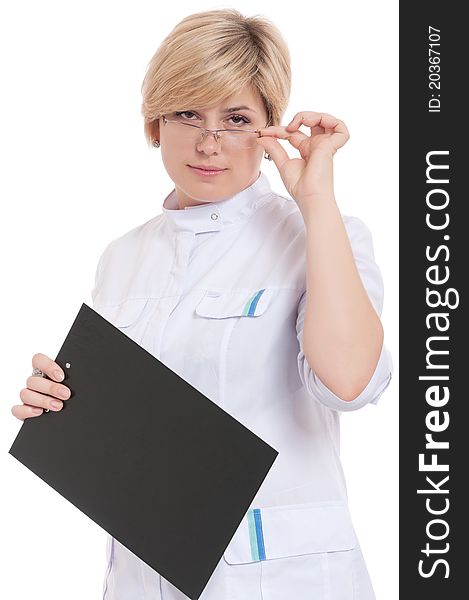 Portrait of female doctor holding a clipboard - isolated over a white background