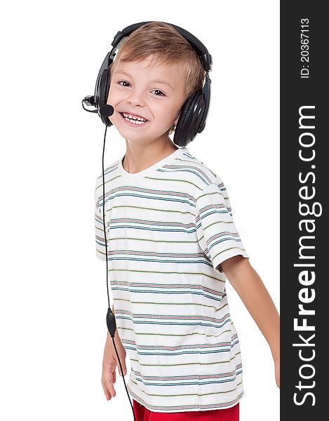 Little boy with headphones - isolated on white background