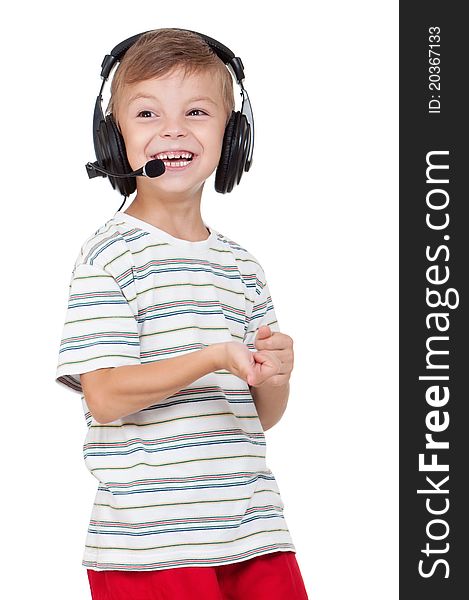 Little boy with headphones - isolated on white background