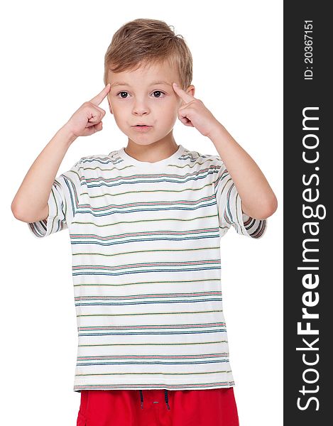 Portrait of emotionally kid. Funny little boy isolated on white background. Beautiful caucasian model.