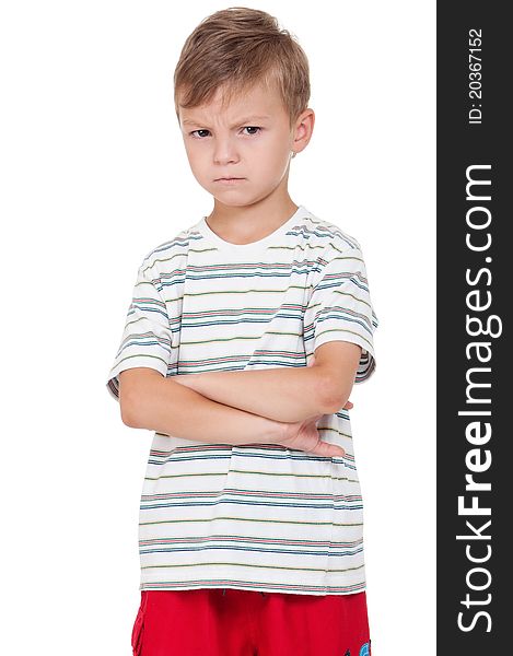 Portrait of emotionally kid. Funny little boy isolated on white background. Beautiful caucasian model.