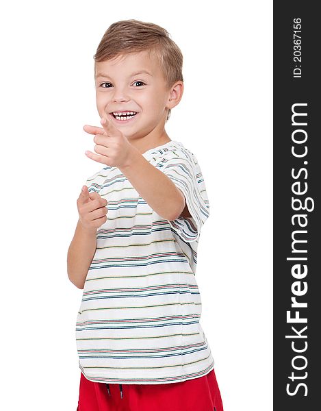 Portrait of emotionally kid. Funny little boy isolated on white background. Beautiful caucasian model.