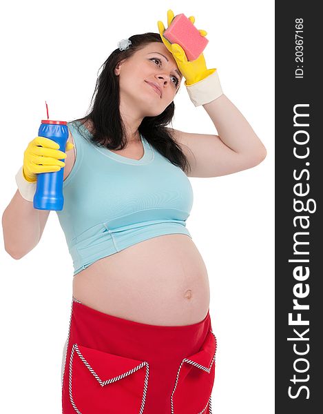 Tired pregnant housewife - isolated over a white background