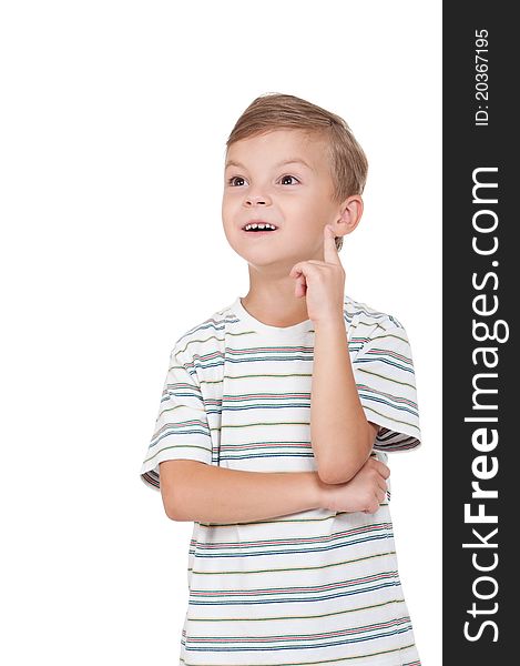 Portrait of emotionally kid. Funny little boy isolated on white background. Beautiful caucasian model.