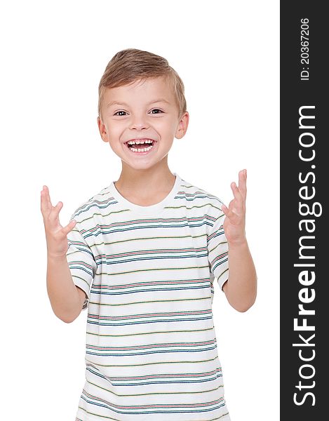 Portrait of emotionally kid. Funny little boy isolated on white background. Beautiful caucasian model.