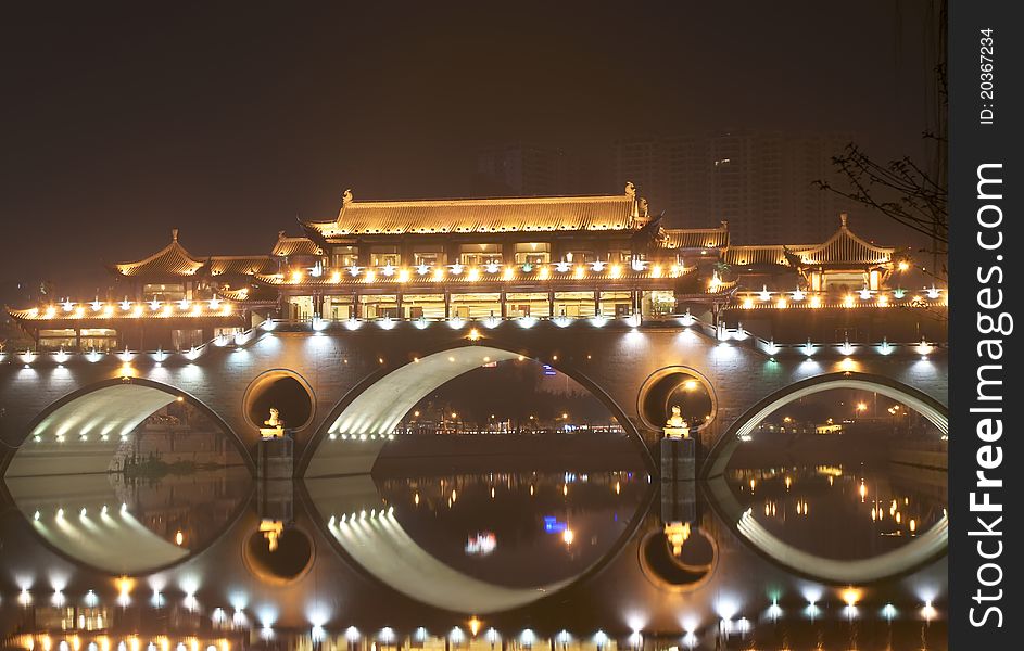 An ancient Chinese styled bridge at Night. An ancient Chinese styled bridge at Night