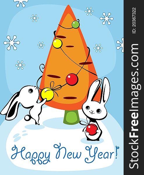 Christmas card with two hares and a fur-tree in the form of carrots. Christmas card with two hares and a fur-tree in the form of carrots