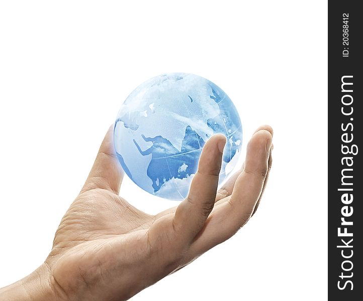 Blue sky globe on hand over white background. Blue sky globe on hand over white background