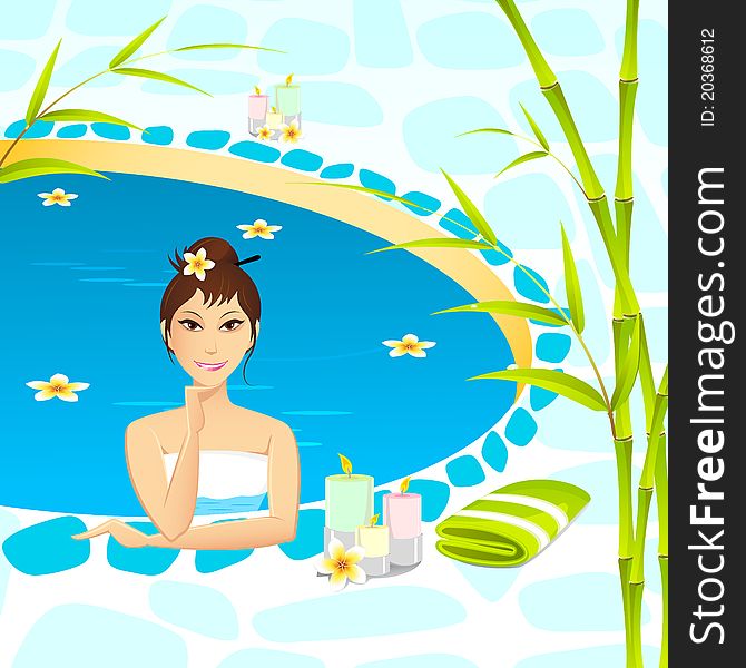 Illustration of lady in spa pool with flower and candle. Illustration of lady in spa pool with flower and candle