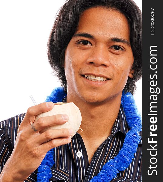 Man In Blue Lei With Coconut Drink. Man In Blue Lei With Coconut Drink