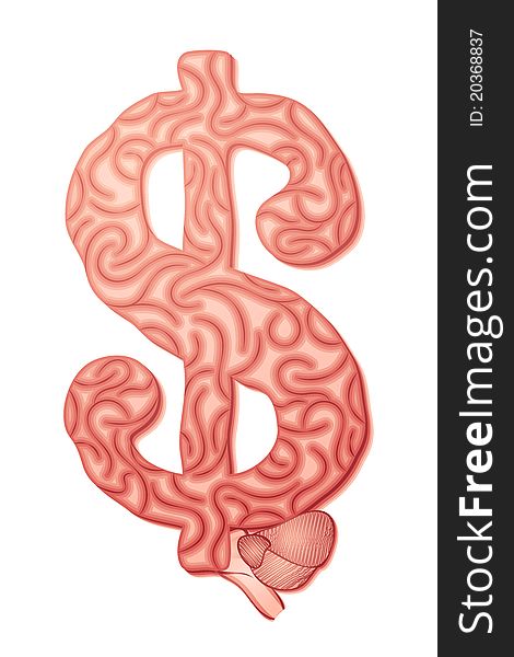 Illustration of brain in shape of dollar symbol. Illustration of brain in shape of dollar symbol