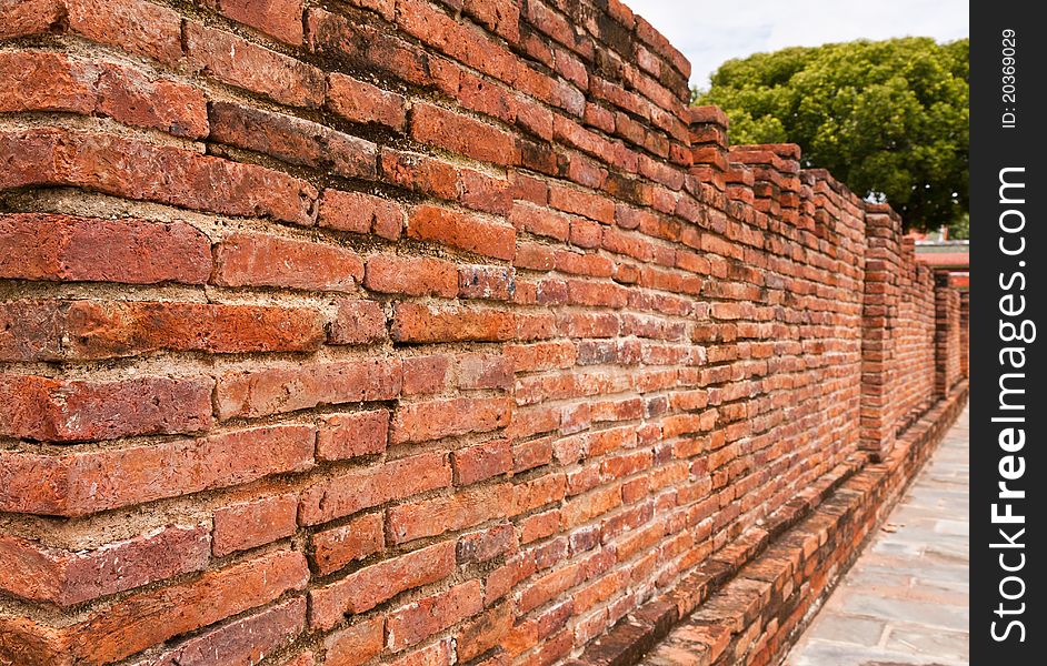 Ruin laterite brick wall texture tilted out. Ruin laterite brick wall texture tilted out