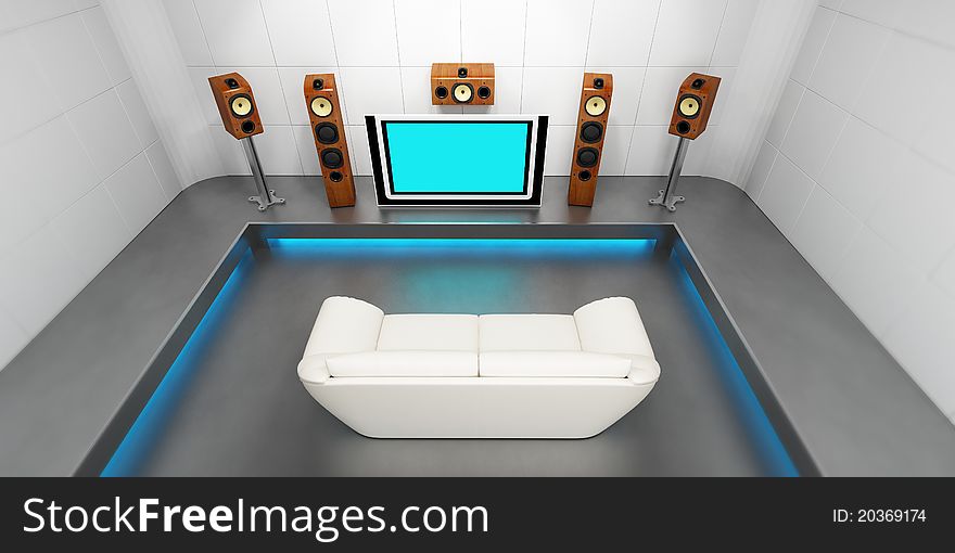 Render of room full of speaker and big monitor. Render of room full of speaker and big monitor