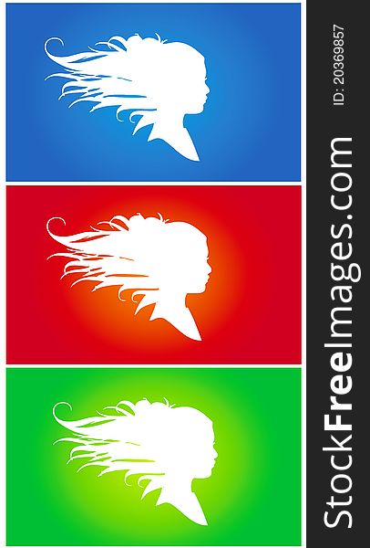 Three girl silhouette in blue, red and green