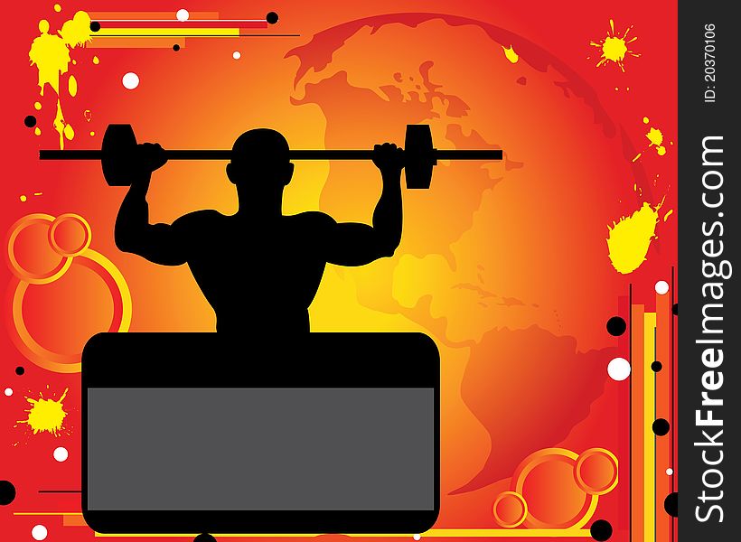 Silhouette of weight-lifter on red background. The Triumph