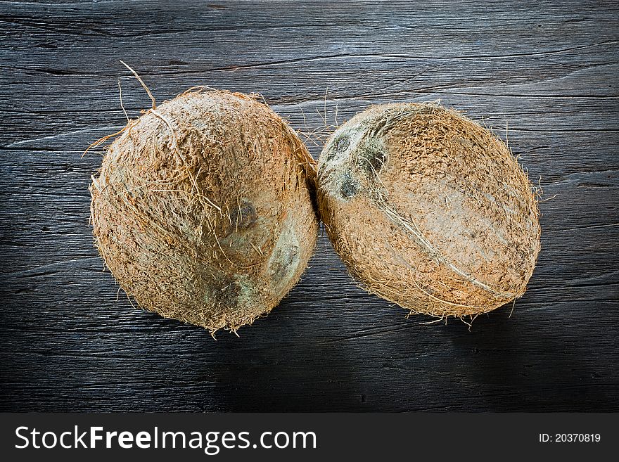 Two supported entire coconuts on wood with background to two colors. Two supported entire coconuts on wood with background to two colors