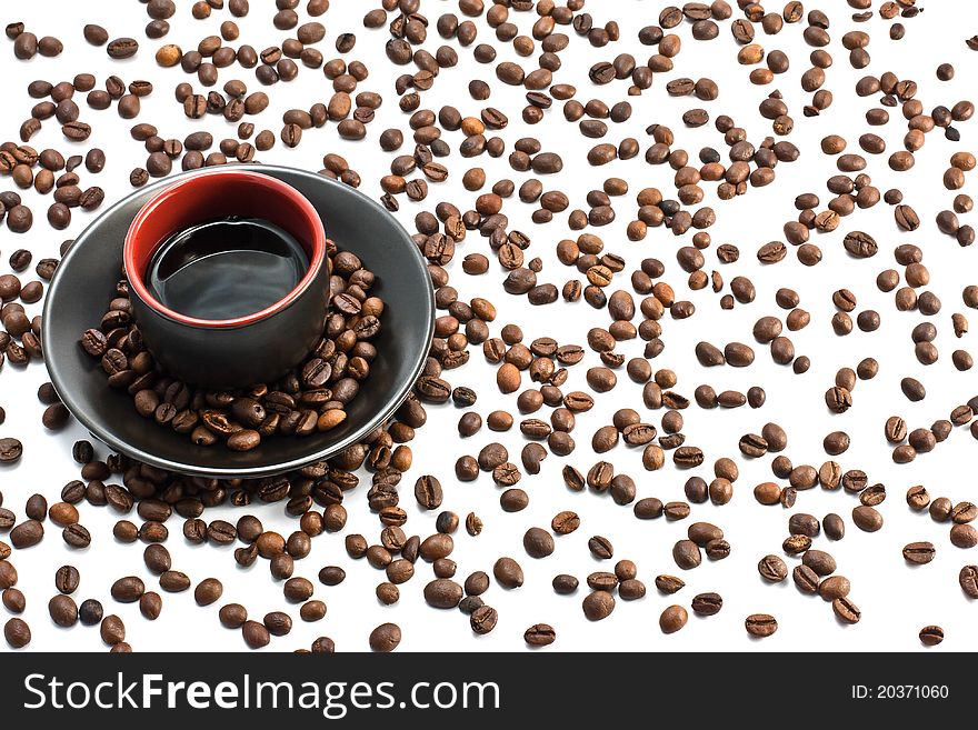 Cup of coffee, coffee beans isolated on white. Cup of coffee, coffee beans isolated on white