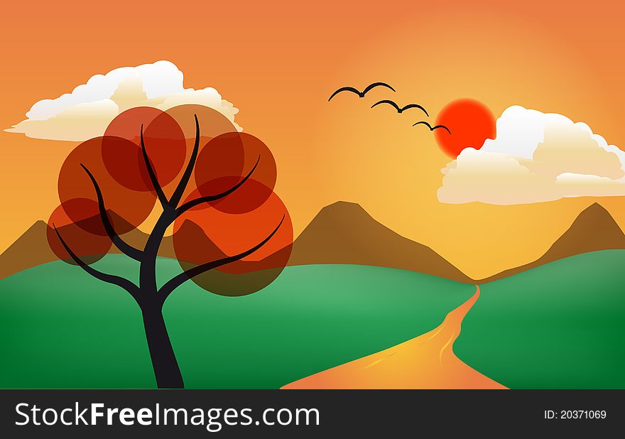 Illustration of stylized tree in sunset
