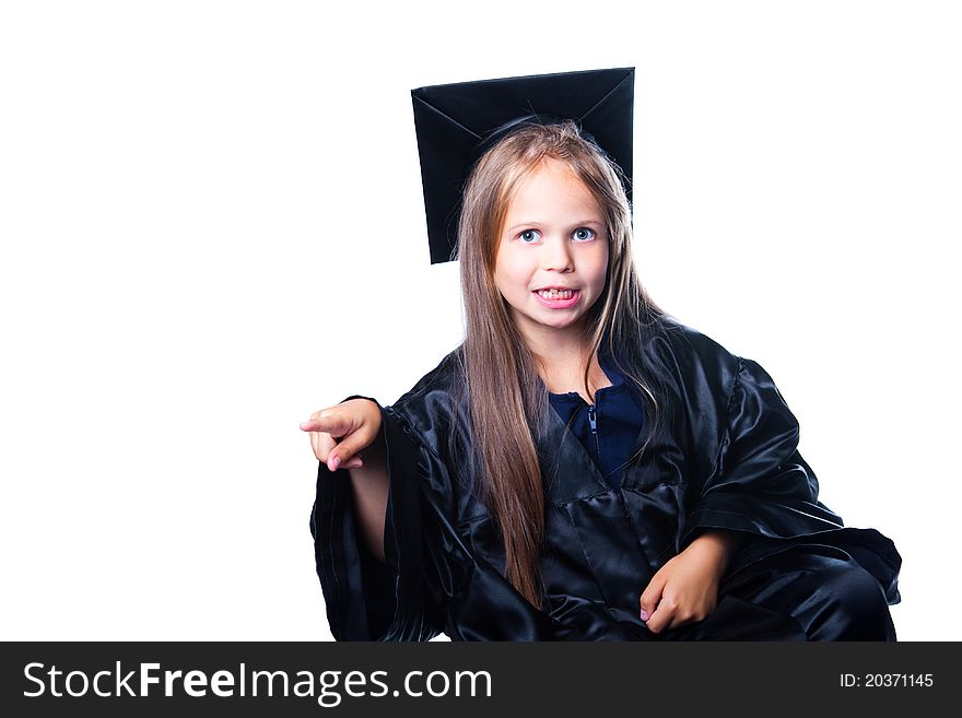 Portrait of cute gesticulating girl in black academic cap with liripipe and gown on isolated white. Portrait of cute gesticulating girl in black academic cap with liripipe and gown on isolated white