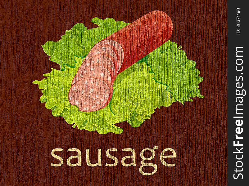 Wooden plaque with drawing of sausage and salad. Wooden plaque with drawing of sausage and salad