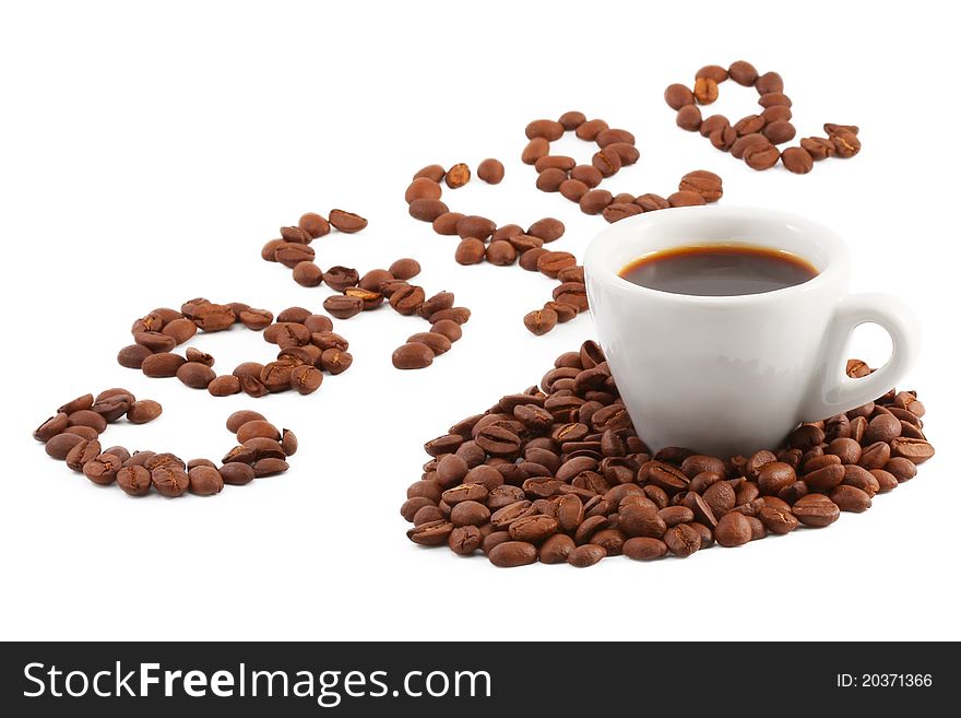 A cup of coffee and a word from the coffee beans. A cup of coffee and a word from the coffee beans