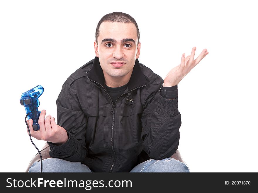 Young man with a joystick for game console