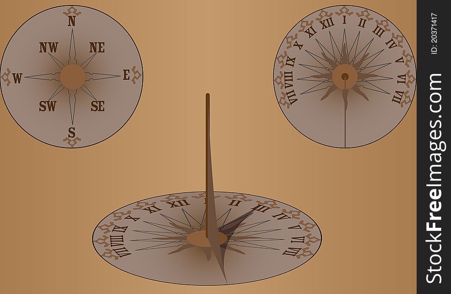 Sundial with arrow and parts of the world