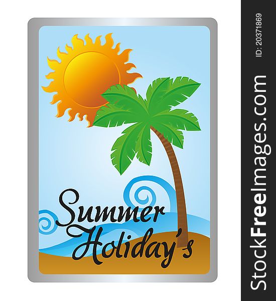 Yellow, orange, green, blue summer holidays tag with silver edge over white background
