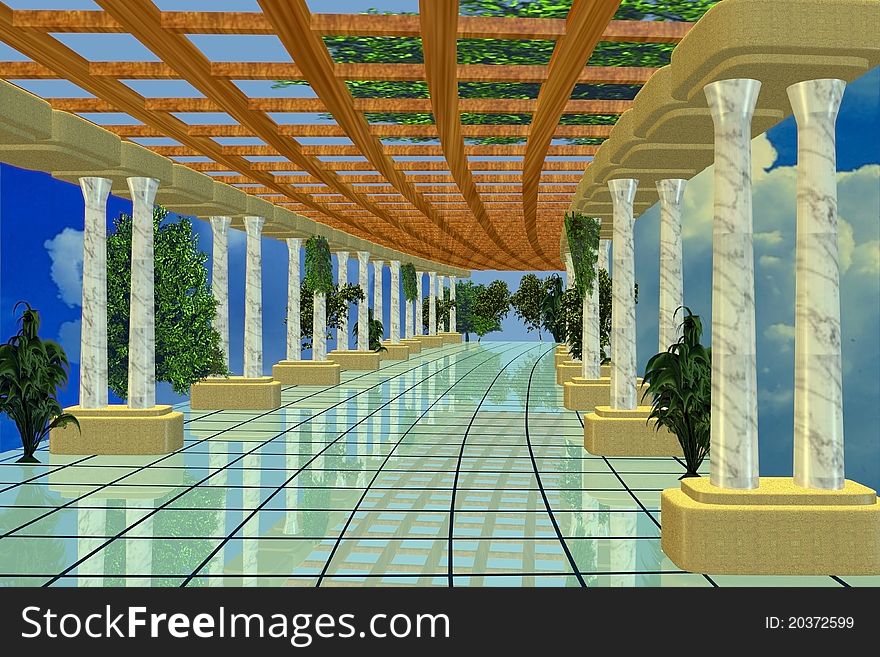 Long corridor with columns decorated by plants