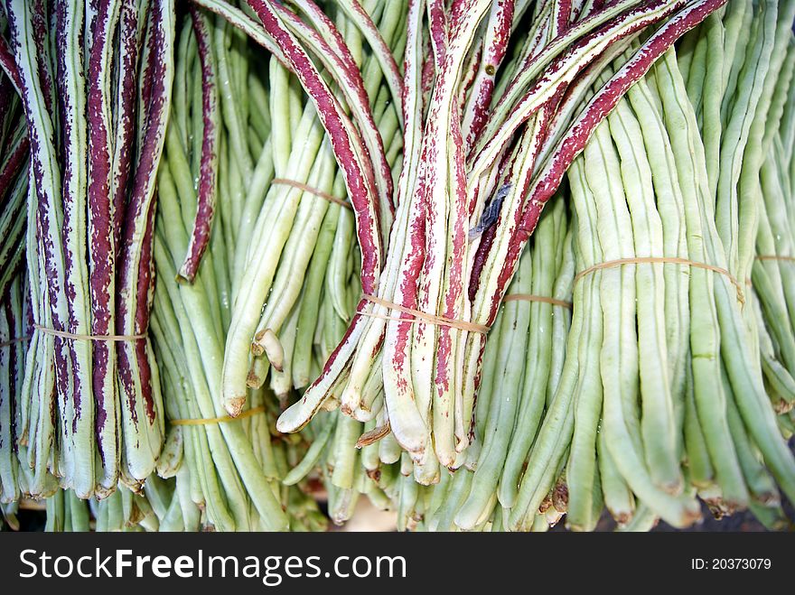 Closeup of bunches of long beans.
