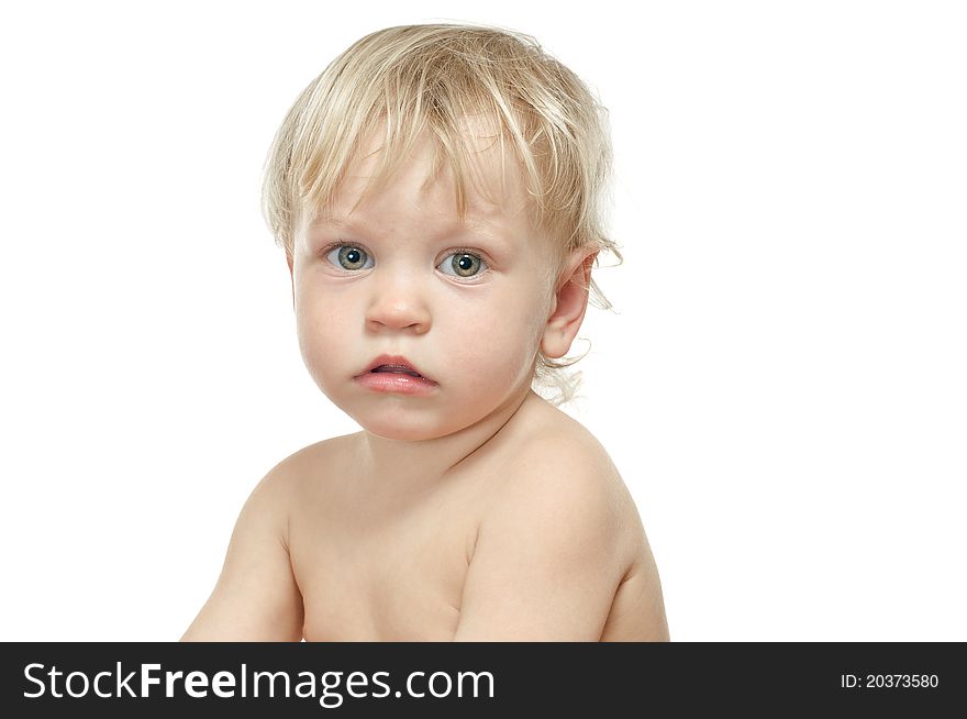 Two-haired two years old baby on white background. Two-haired two years old baby on white background