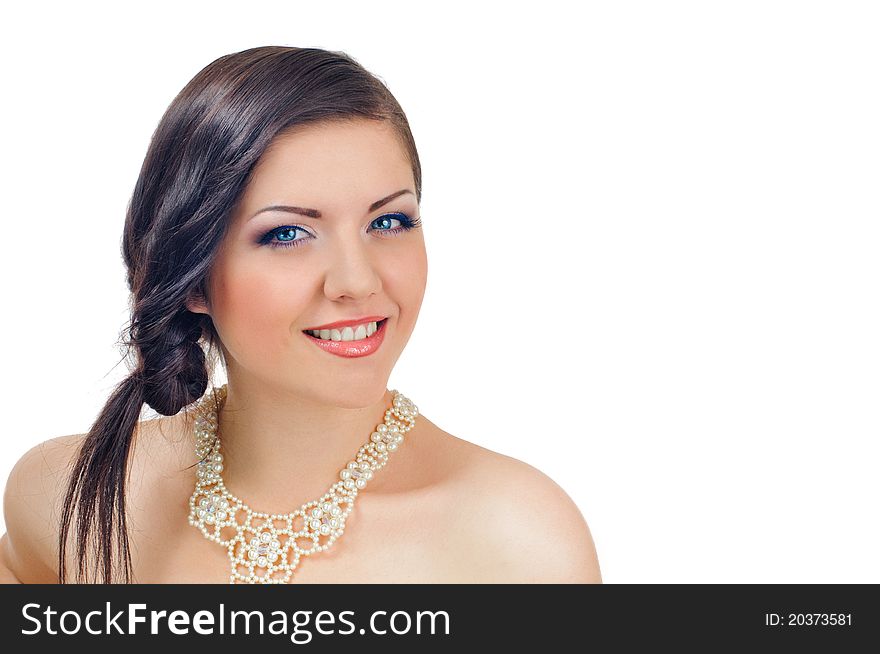 Portrait of beautiful girl with plait on white