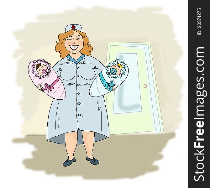 Illustration of a smiling nurse holding two newborn babies. Illustration of a smiling nurse holding two newborn babies