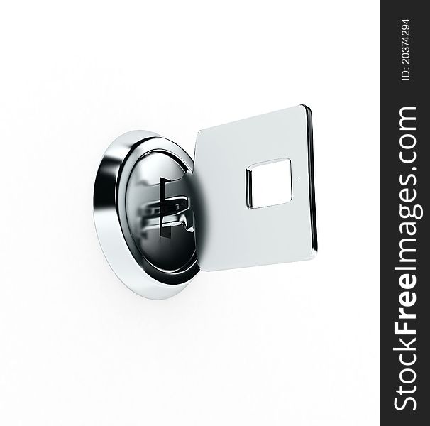 Metal key over white background. 3d rendered image