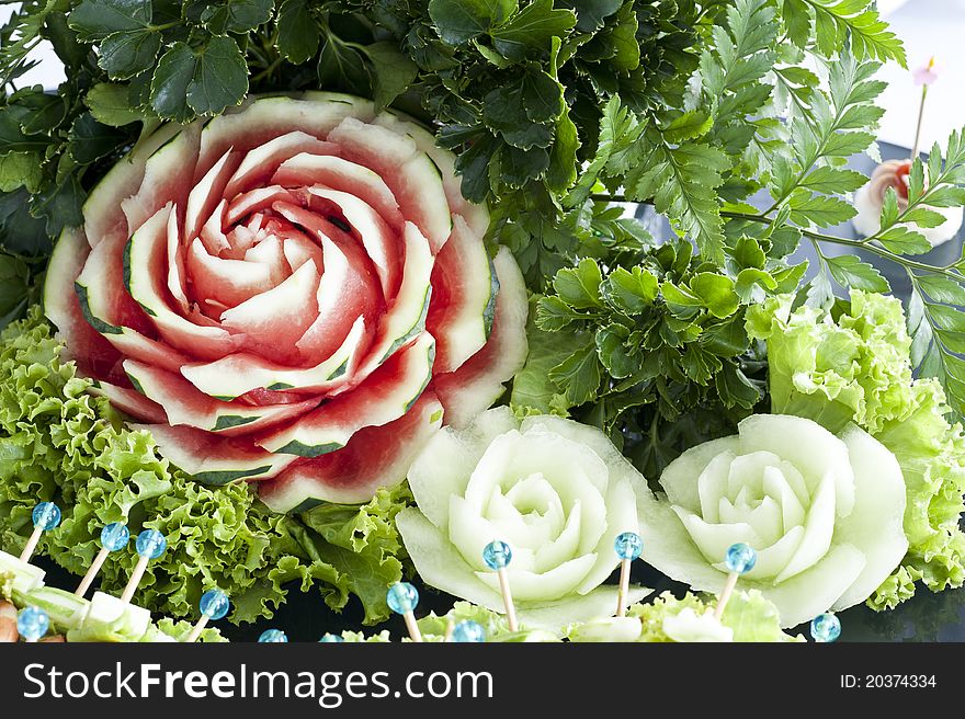 Watermelon carving and green vegetables