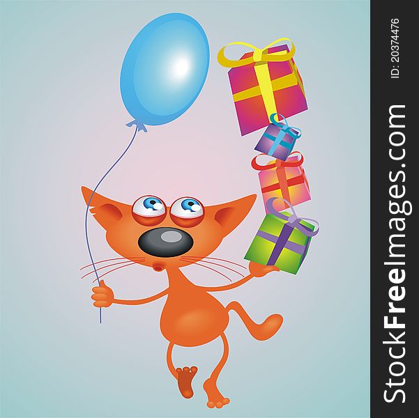 Cat with gifts and balloon