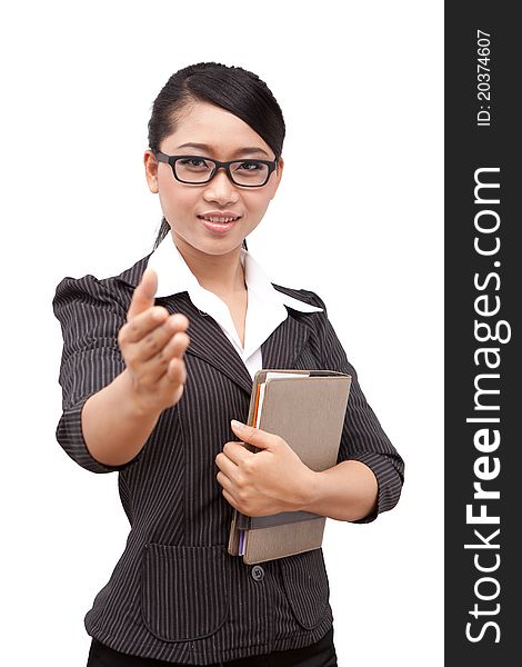 A portrait of Asia business woman, posed in give her hand shake.