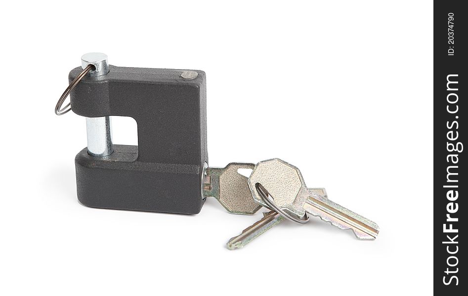 Metallic padlock and keys  on white background